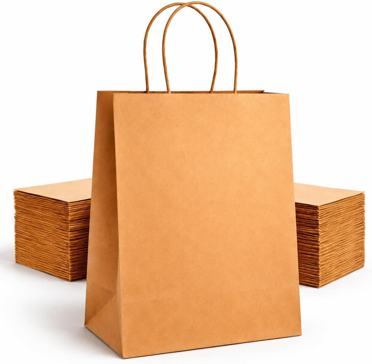 Detalle de HURUC 100 pcs Brown Paper Bags with Handles (130GSM kraft), small gift carrier bags for parties & everyday use (18x24x8cm)