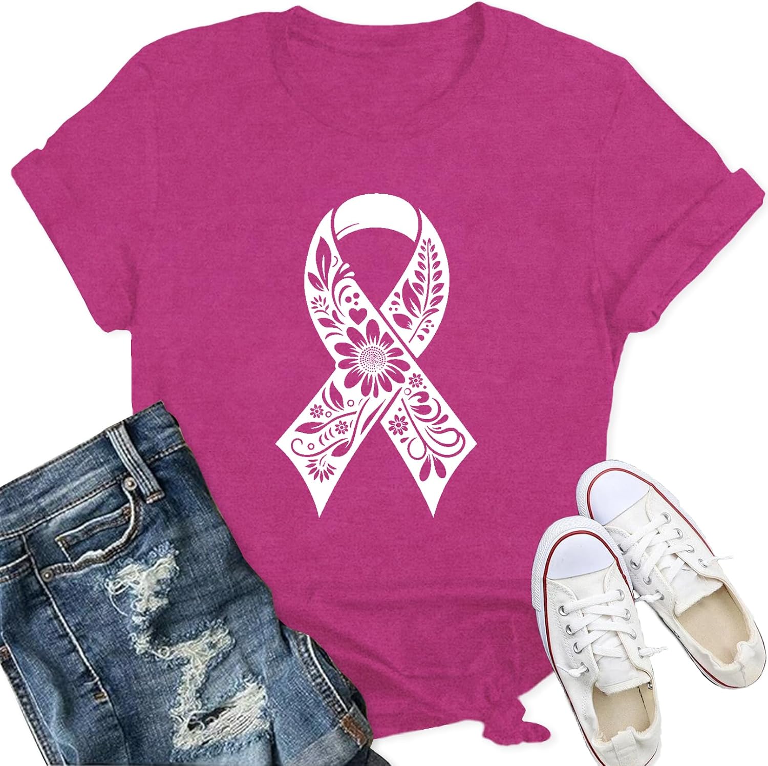 Detalle de Qskall Breast Cancer Awareness T-Shirt for Women with Pink Ribbon Floral Design