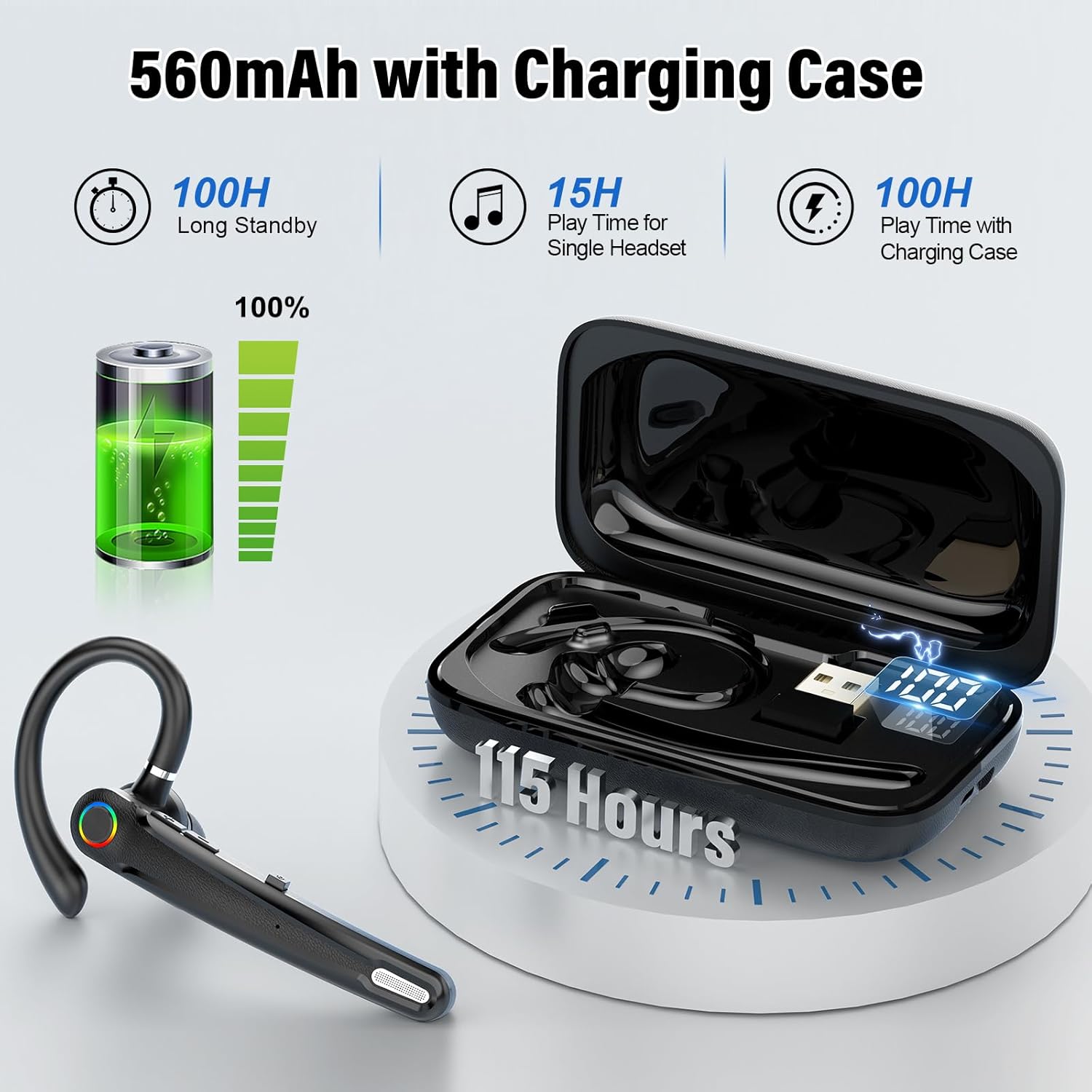 Detalle de Bluetooth Headset V5.4 – Freisprech-Headset mit ENC, aptX und Ladebox (115 Std) für Business/Truckers