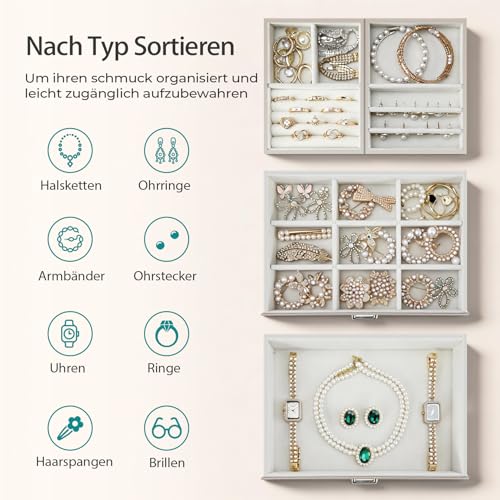 Detalle de Dajasan Schmuckkästchen – 3‑stufige PU‑Leder Schmuckbox mit 1 Schublade (Champagner)