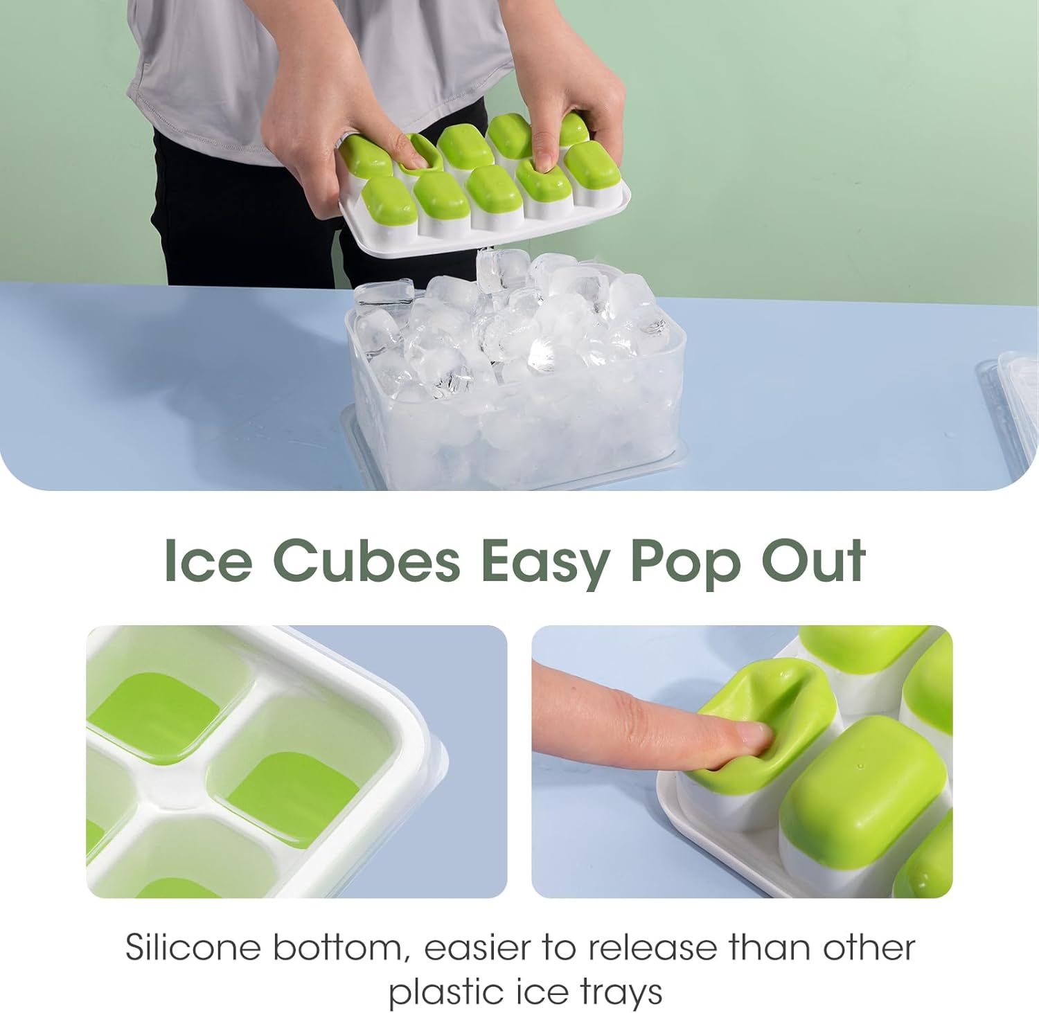 Detalle de DOQAUS 4-Pack Silicone Ice Cube Trays with Lid and Bin – Stackable Freezer Ice System