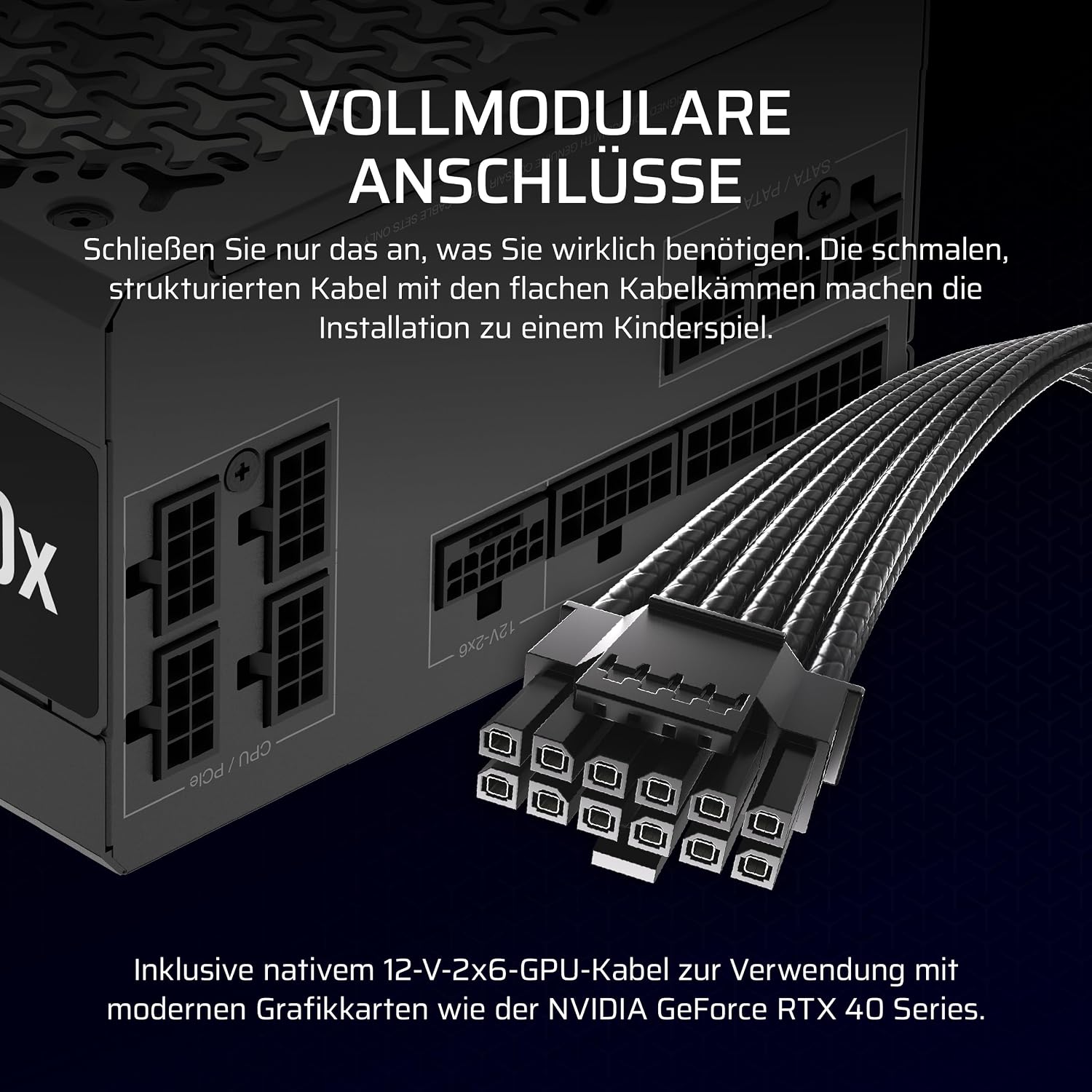 Detalle de CORSAIR RM750x (ATX 3.1) 750 W modulares Netzteil mit Zero-RPM-Modus, Native 12V-2x6 und Cybenetics Gold