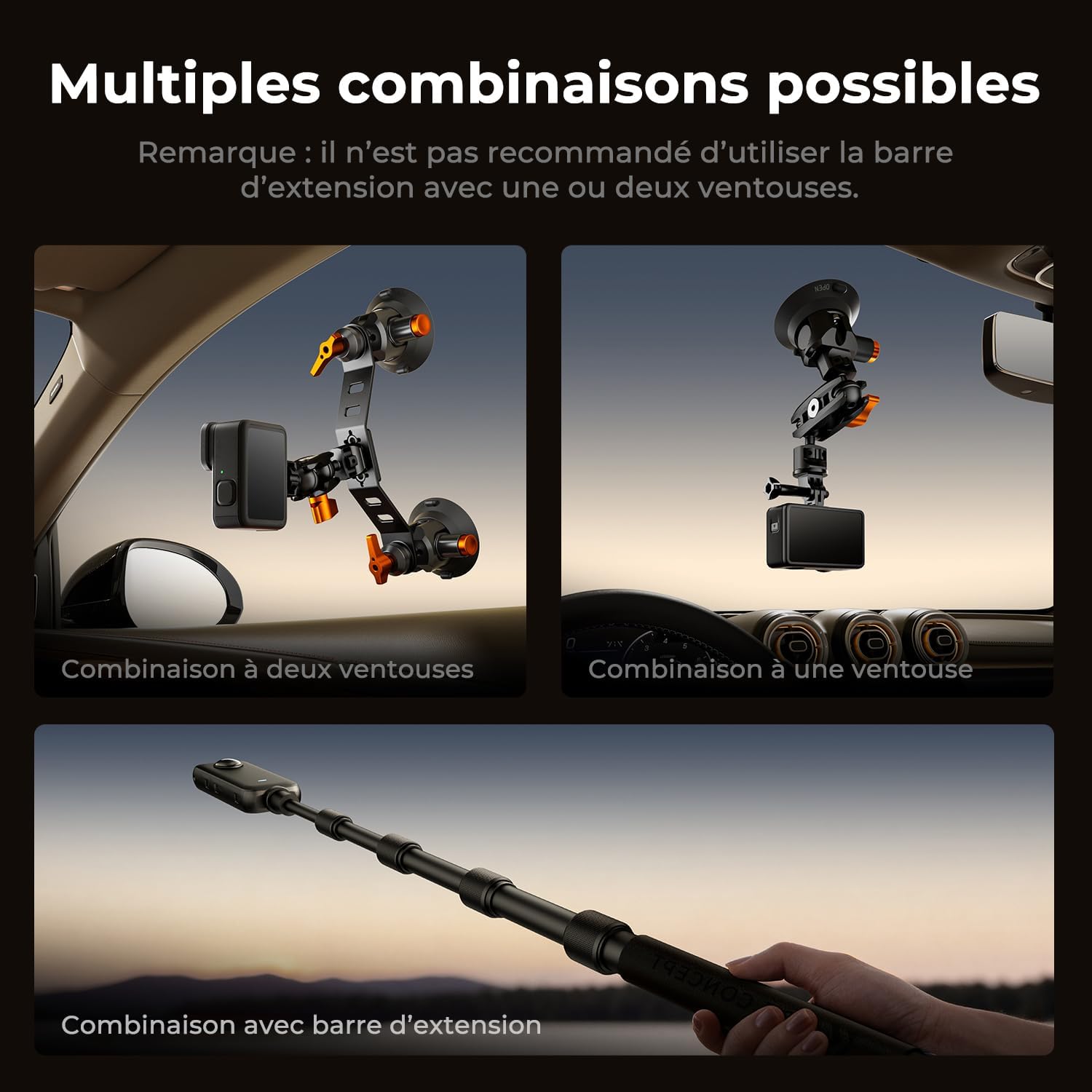 Detalle 2 de K&F CONCEPT Support caméra voiture à 3 ventouses 3" avec perche télescopique et bras magique 360°