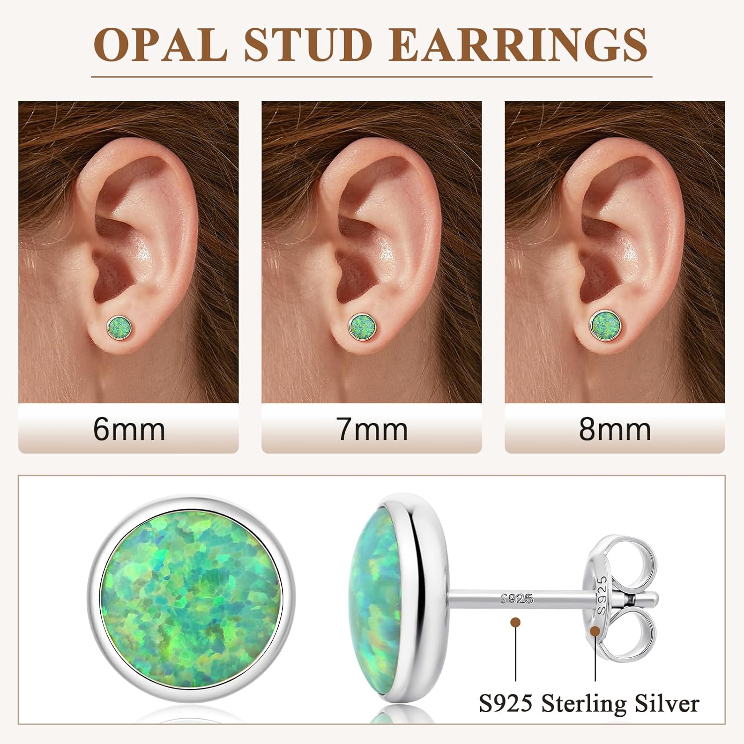 Detalle de 18 Karat Weißgold überzogen Opal Ohrstecker, S925 Silber – Größen 6/7/8 mm