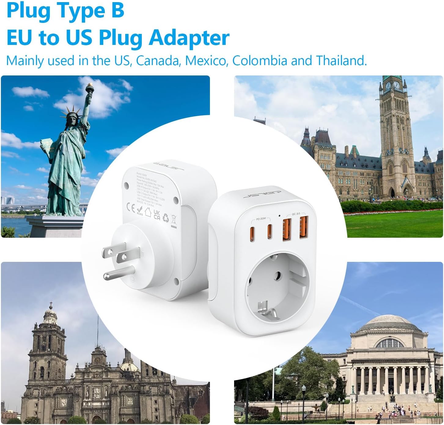 Thumbnail 1 de JSVER adaptateur prise USA 5 en 1 (France → USA/Canada) avec 2 USB-A et 2 USB-C (PD 20 W) — blanc