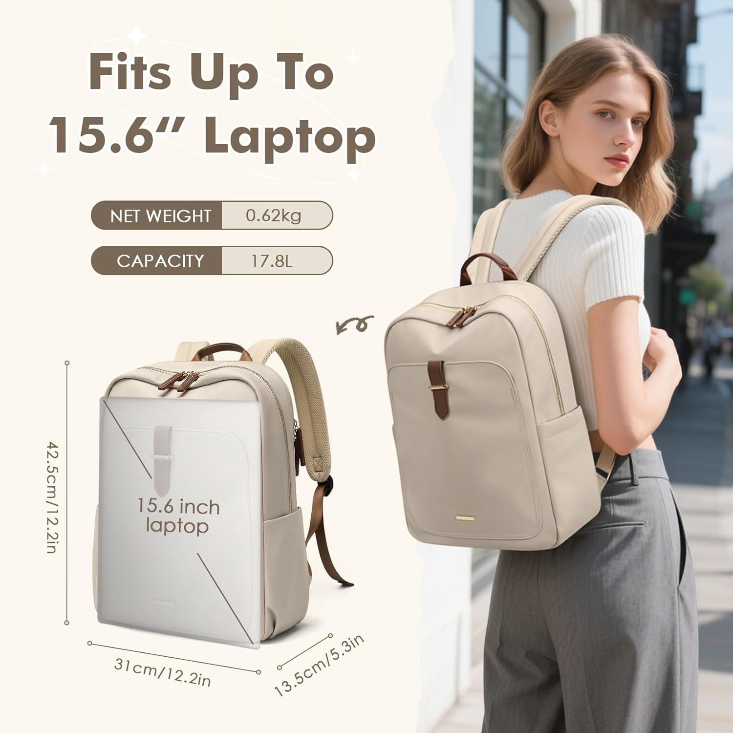 Detalle 2 de GOLF QUALITY Laptop Backpack for Women – 15.6" Apricot, Modern, 18L
