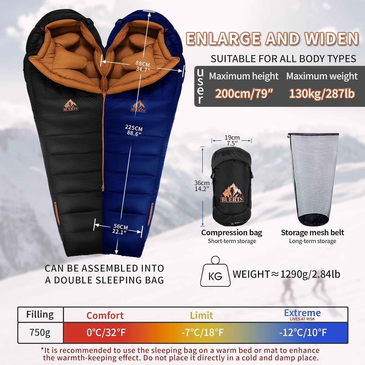 Thumbnail 1 de BUERTS UltrLight Down Sleeping Bag for 0℃ to -12℃, XXL Adult Winter Bag