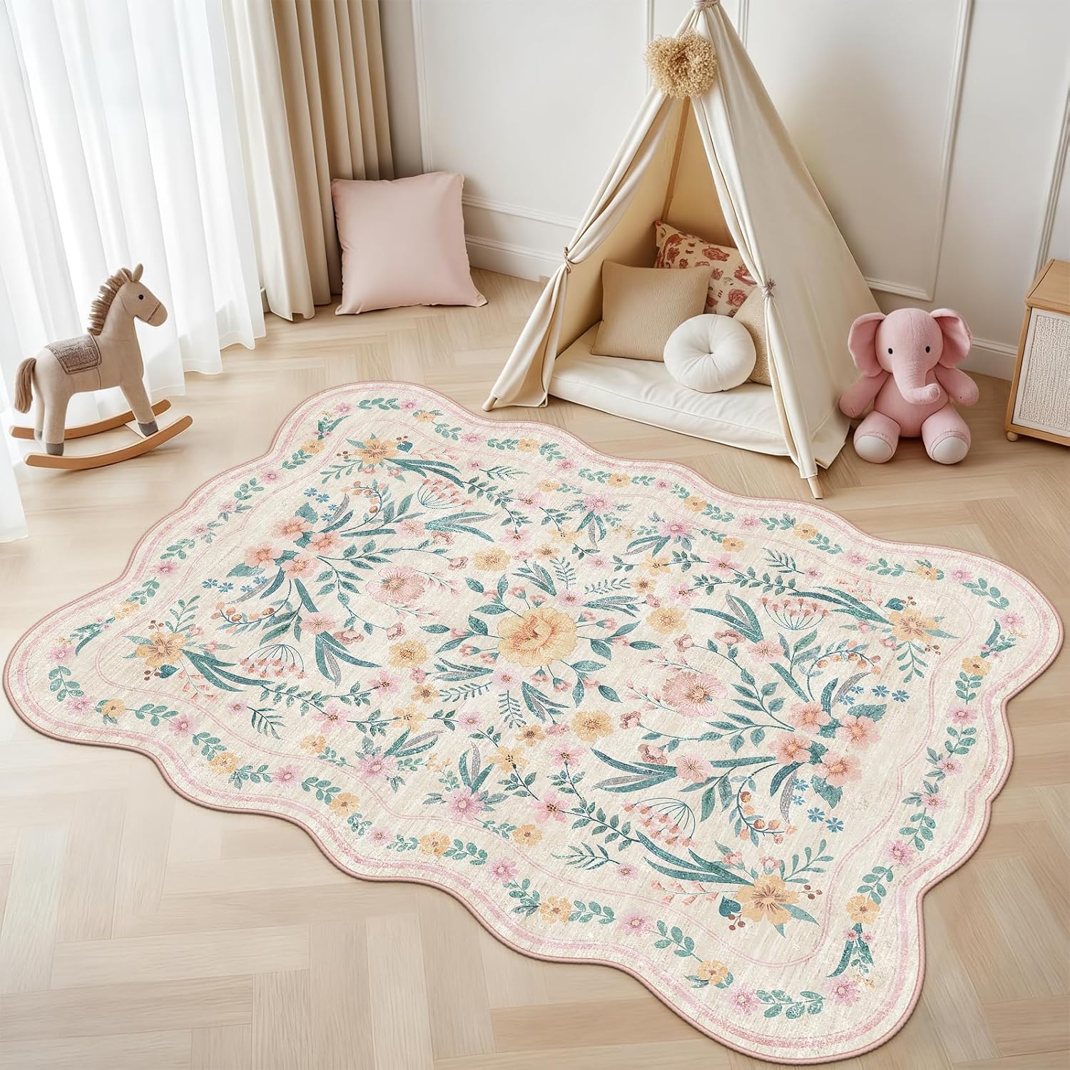 Detalle de Dadasgk Pink Floral Rug 5x7 for Girls' Room – Soft, Washable Non-Slip Boho Rug