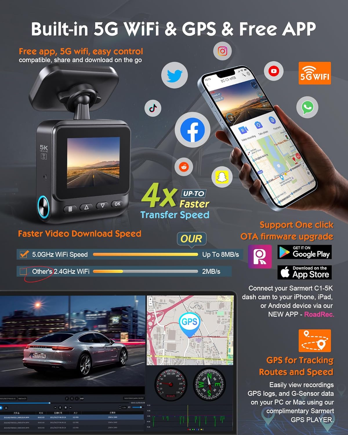Detalle 2 de Sarmert C1 5K Dash Cam Front — 5K HDR car camera