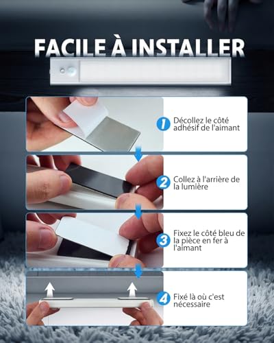 Detalle de KALAHOL Lot de 4 Lampes LED Sous Meuble Cuisine avec Détecteur de Mouvement et USB-C – Sans Fil, Blanc Froid