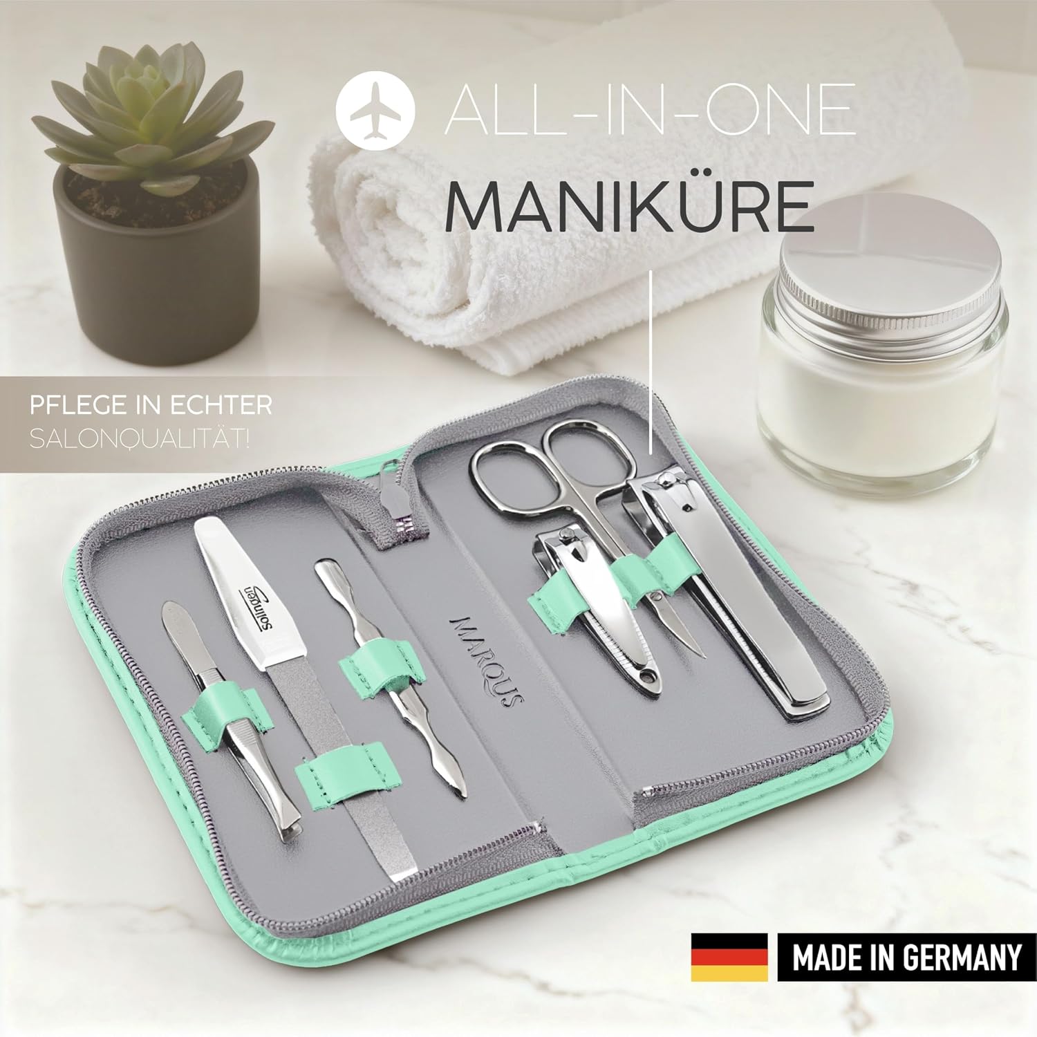Detalle de marQus Maniküre-Set Solingen (6-teilig) im Kunst-Leder-Etui, glanzvernickelter Stahl für Damen & Herren