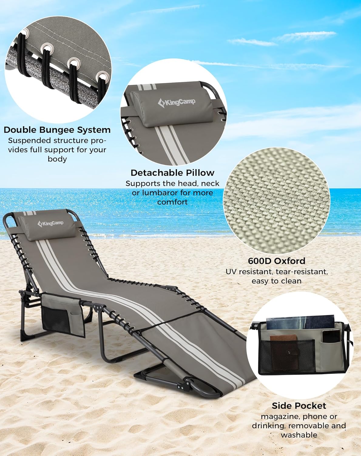 Detalle de KingCamp Sun Lounger with Face Hole (up to 180 kg) – 5-position folding tanning chair for garden and beach