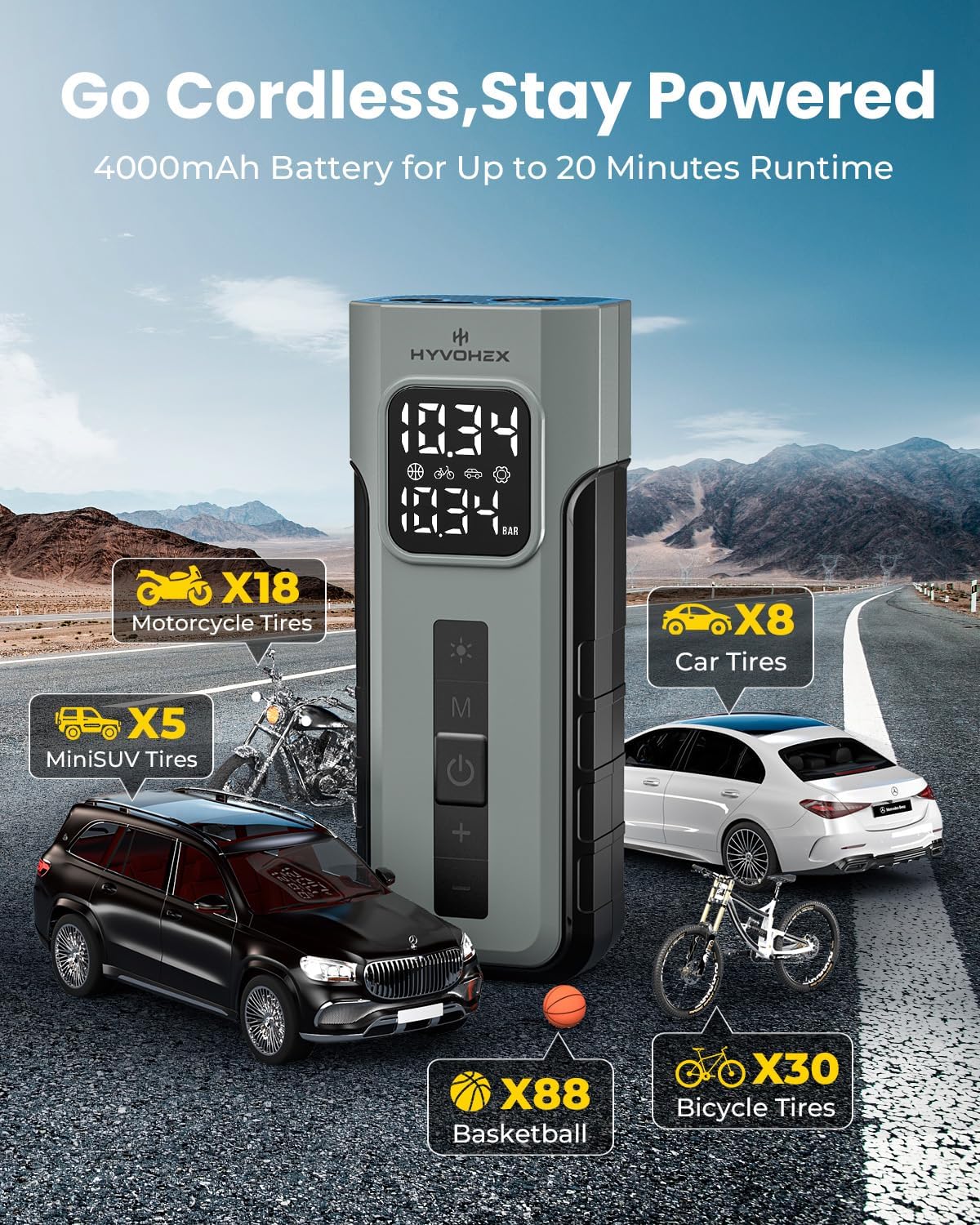 Thumbnail 2 de HYVOHEX Tyre Inflator Cordless Compressor: 1 Min Fast Inflation with Rechargeable Battery and LED Light