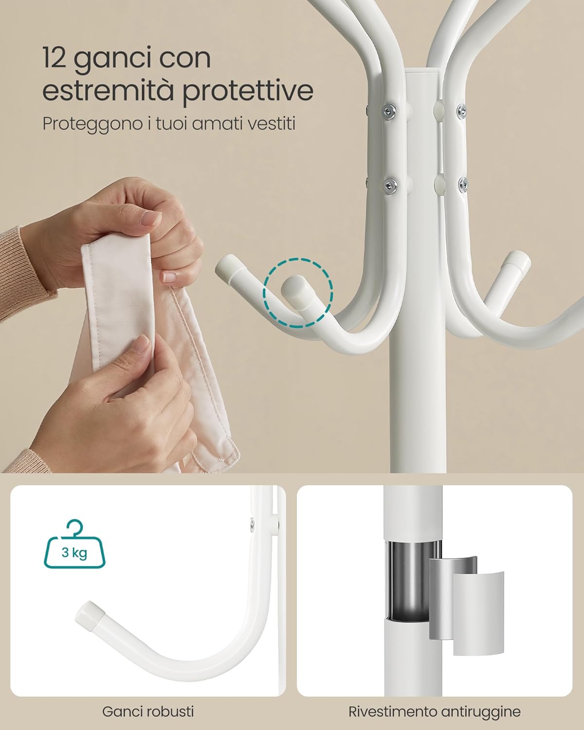 Detalle de SONGMICS Appendiabiti da Terra RCR017W01 – 178 cm, 12 ganci, metallo bianco perla