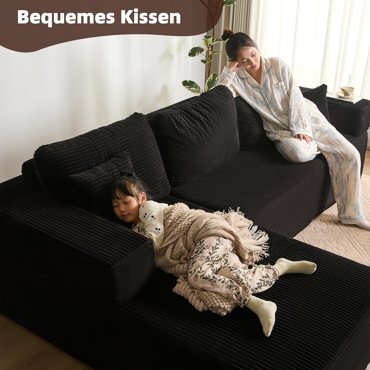 Detalle de Litbird modulares L-förmiges Ecksofa mit Schlaffunktion und Chaiselongue links – rahmenloses Schlafsofa, schwarz