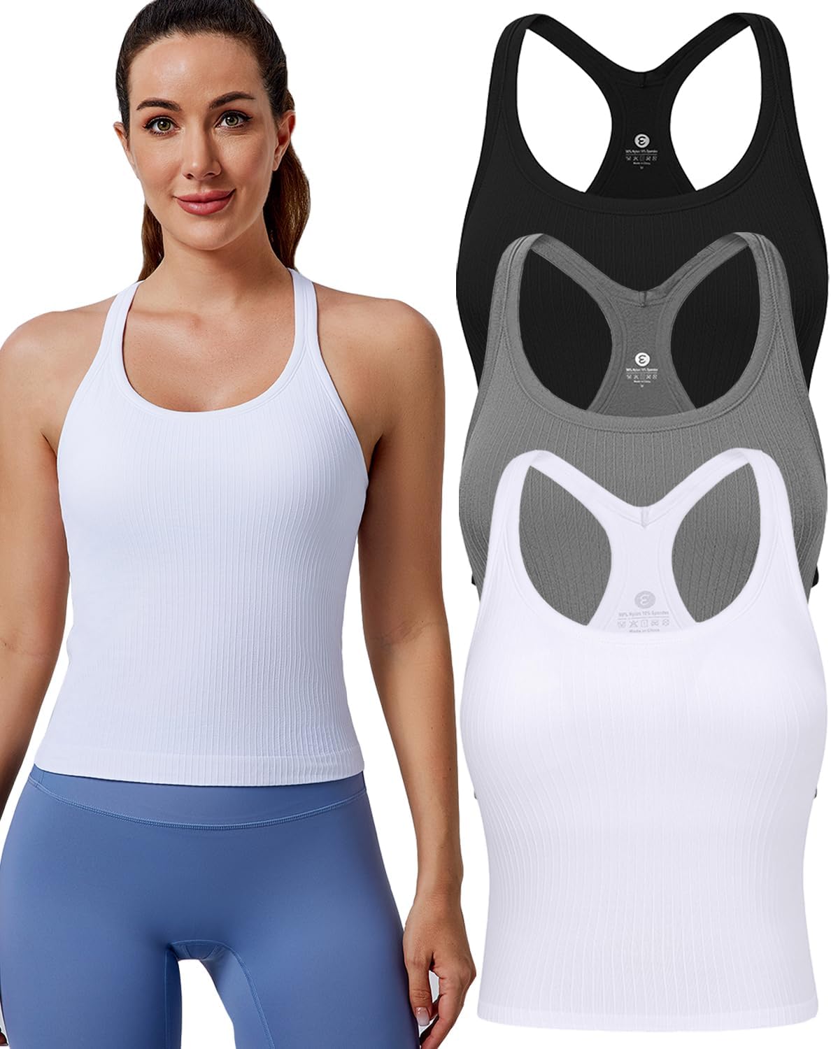 Thumbnail 6 de Evercute Women's Ribbed Workout Tank Tops | Built-in Bra Racerback Crop Tanks (1/2/3 Pack)