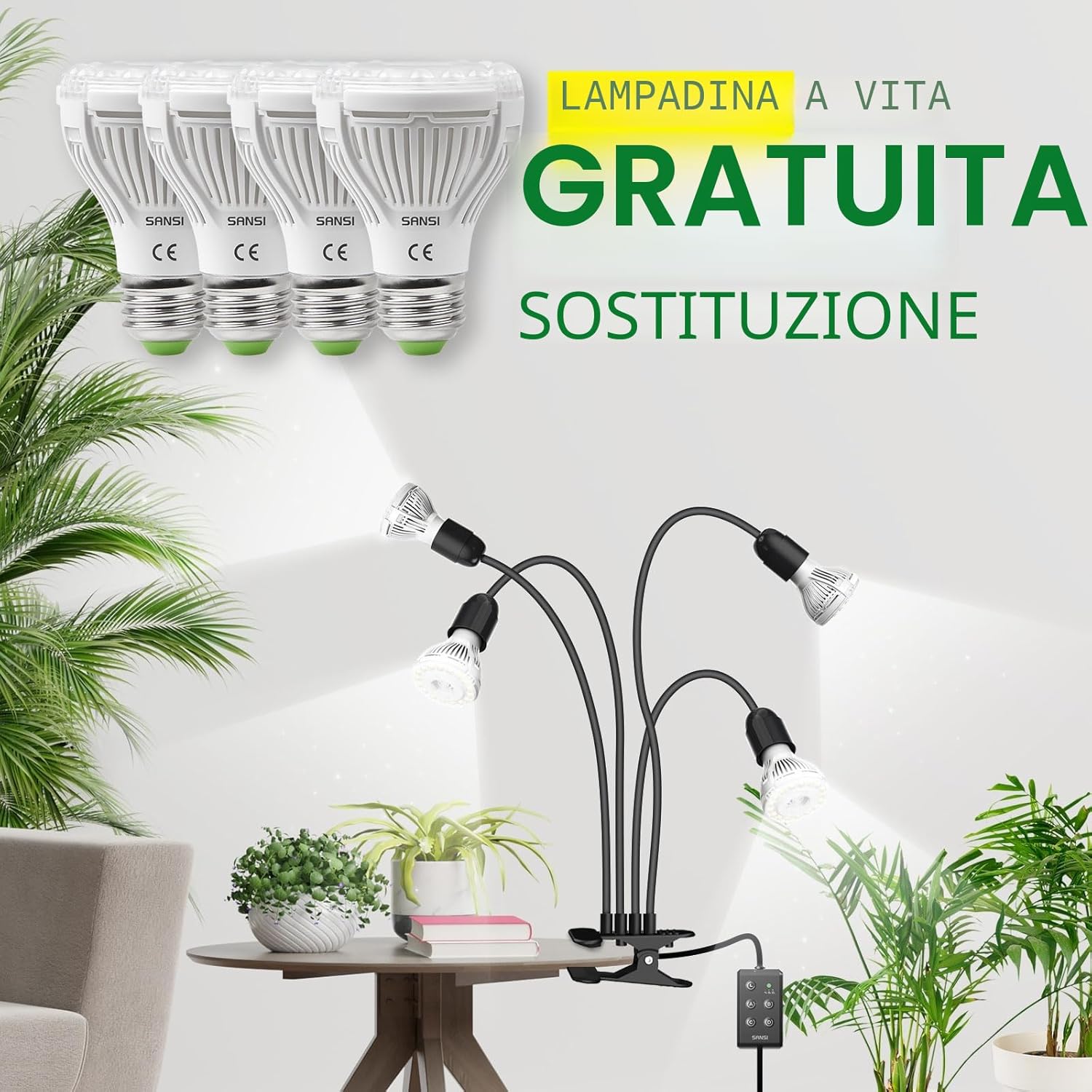 Detalle de SANSI lampada LED per piante da interno 40W (equivalenti 600W), spettro completo e timer 4/8/12 ore con 4 bracci