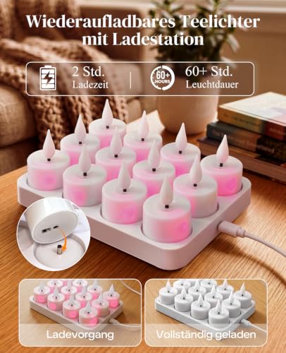 Detalle de YAUNGEL 12er LED-Teelichter, wiederaufladbar mit Ladestation, Timer und Fernbedienung