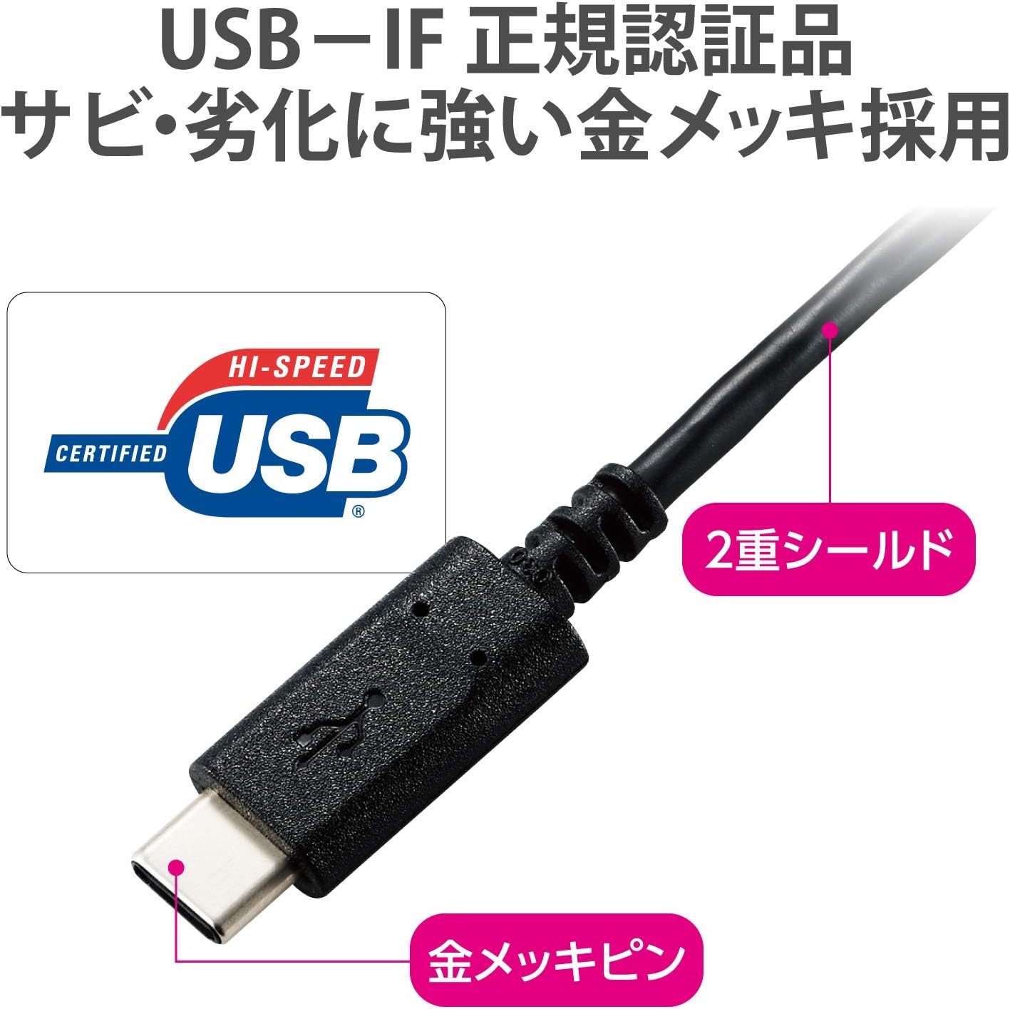 Detalle de エレコム U2C-CC10NBK2 USB-Cケーブル 60W PD対応・USB2.0認証・1.0m