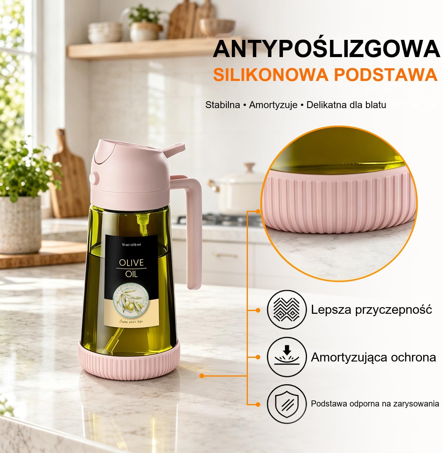 Detalle 2 de TrendPlain: szklana butelka do oliwy 2 w 1, dozownik i rozpylacz, 470 ml