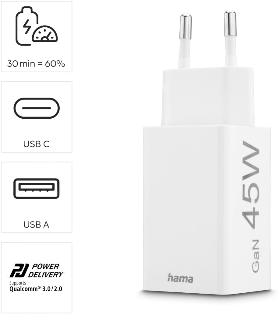 Thumbnail 1 de Chargeur USB‑C rapide 45 W Hama GaN à 2 ports avec Power Delivery et Quick Charge 3.0 (blanc)