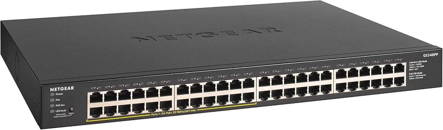 Detalle de NETGEAR GS348PP-100NAS 48-Port Gigabit PoE+ Unmanaged Switch, 380W