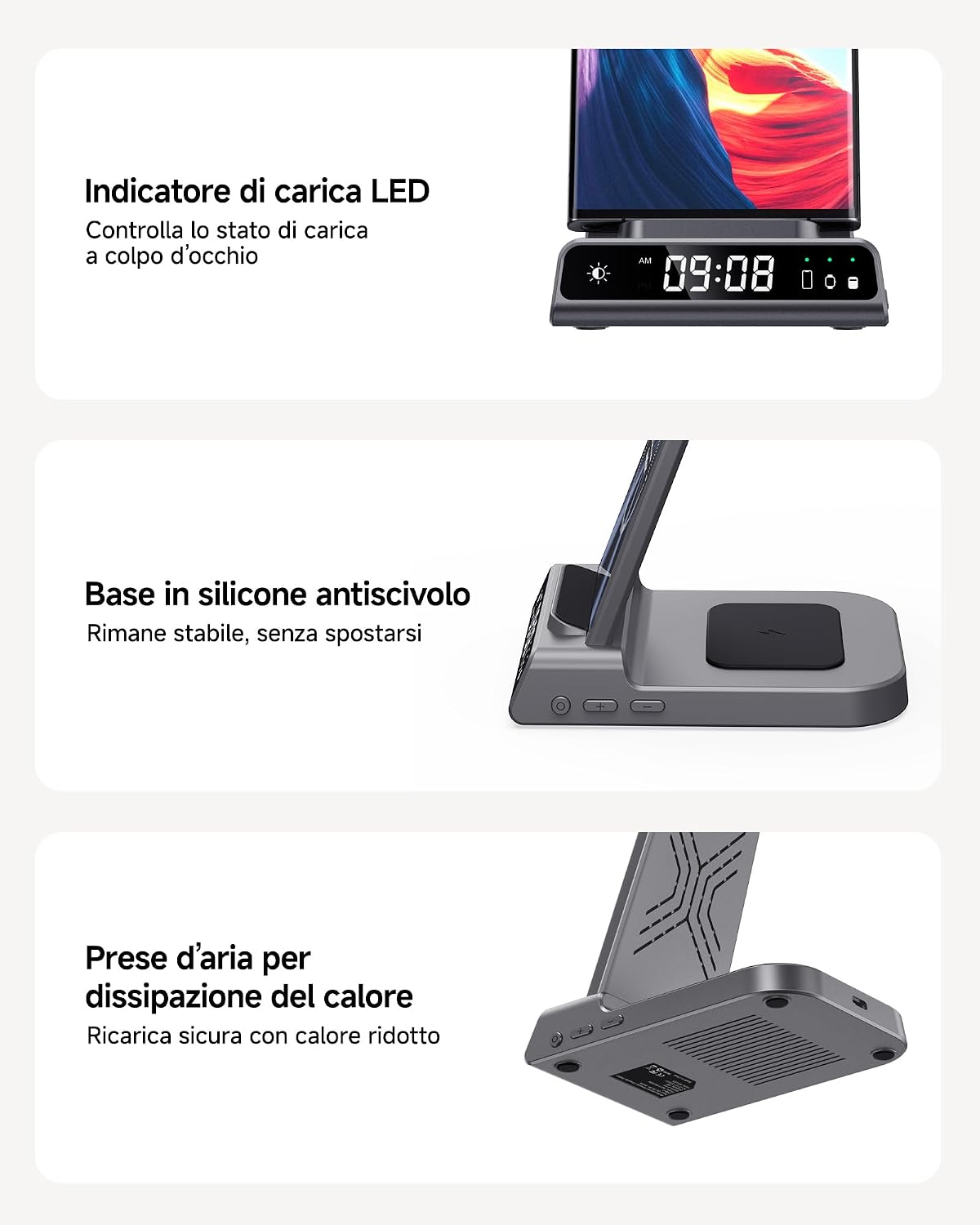 Thumbnail 4 de Caricatore Wireless 3 in 1 per Samsung con orologio digitale