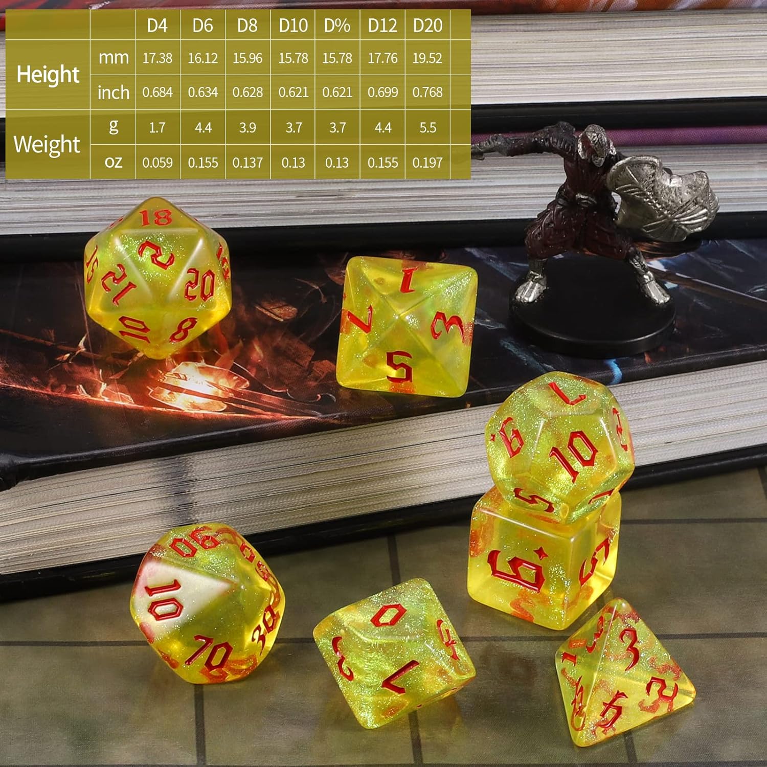 Detalle de Set di dadi poliedrici QMAY DND da 7 pezzi (d20, d12, d10, d8, d6, d4) giallo traslucido con glitter