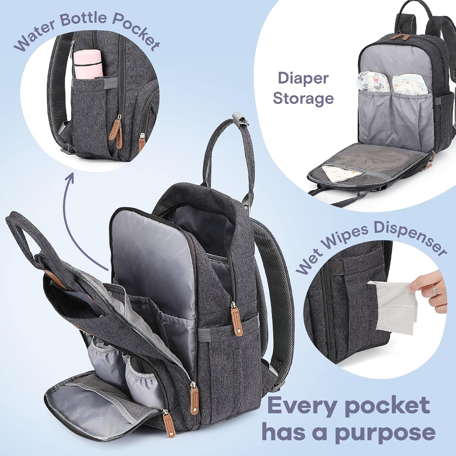 Thumbnail 1 de RUVALINO Diaper Backpack Large nappy bag with changing mat, insulated bottle pockets and laptop sleeve