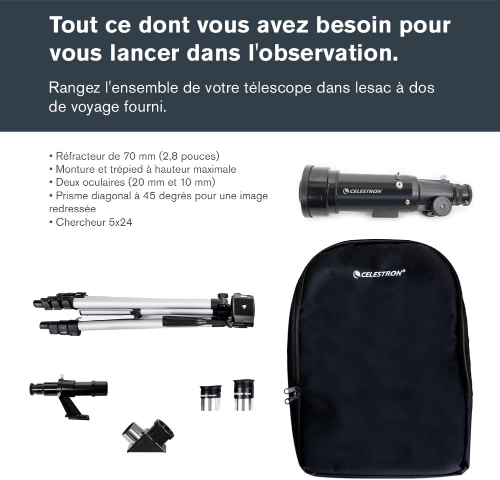 Detalle de Celestron Travel Scope 70 (21035) — kit télescope réfracteur portable avec sac à dos