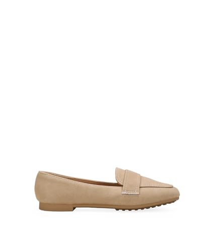Detalle de BOSANOVA Mocasines Planos para Mujer en Ante Vegano con Puntera Cuadrada y Suela Plana – Arena, Talla 41