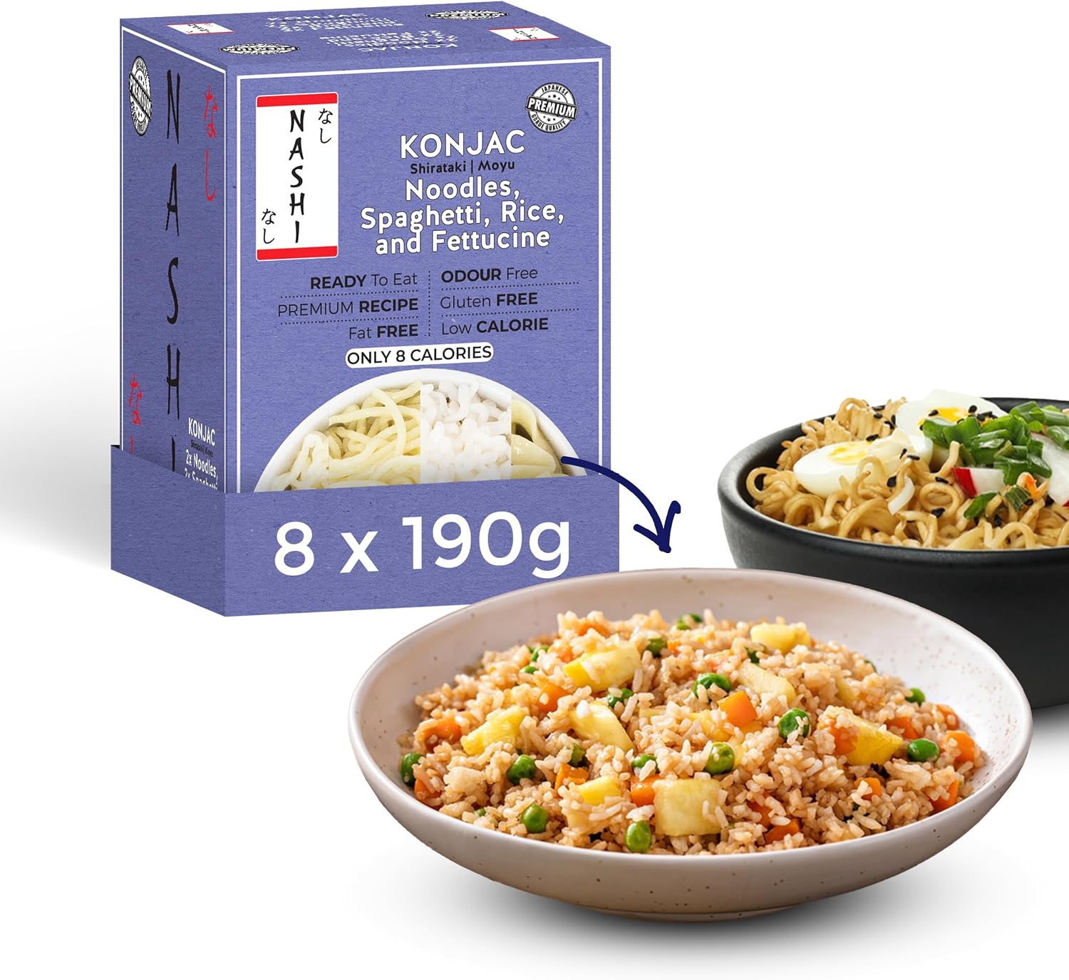 Detalle de Nashi Konjac Shirataki Mix Pack: 8x190g di tagliatelle, spaghetti, riso e fettuccine a basso contenuto di carboidrati