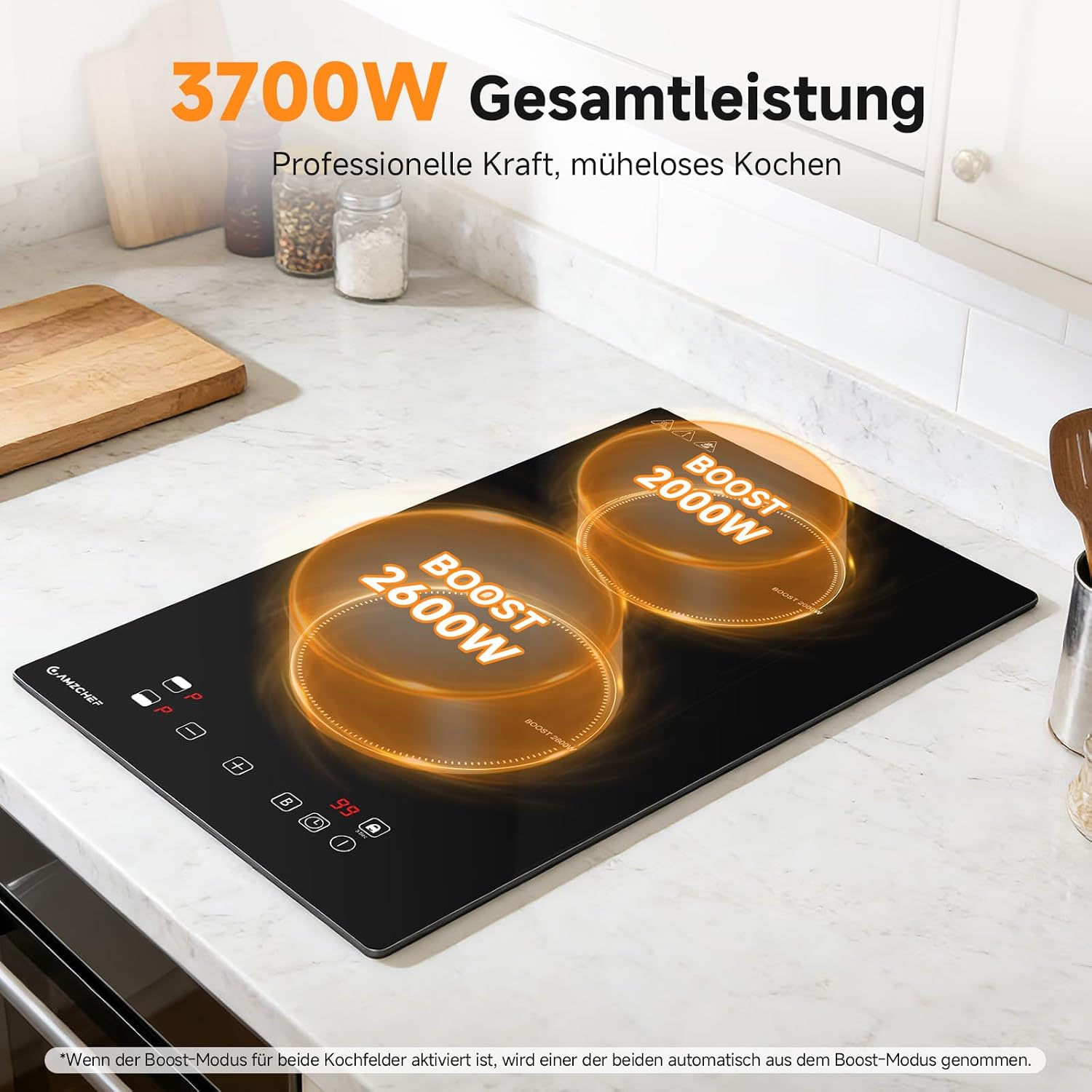 Detalle 2 de AMZCHEF Induktionskochfeld 2 Platten 3700W – Doppel-Induktionskochplatte mit Boost, Timer und Sicherheitsfunktionen