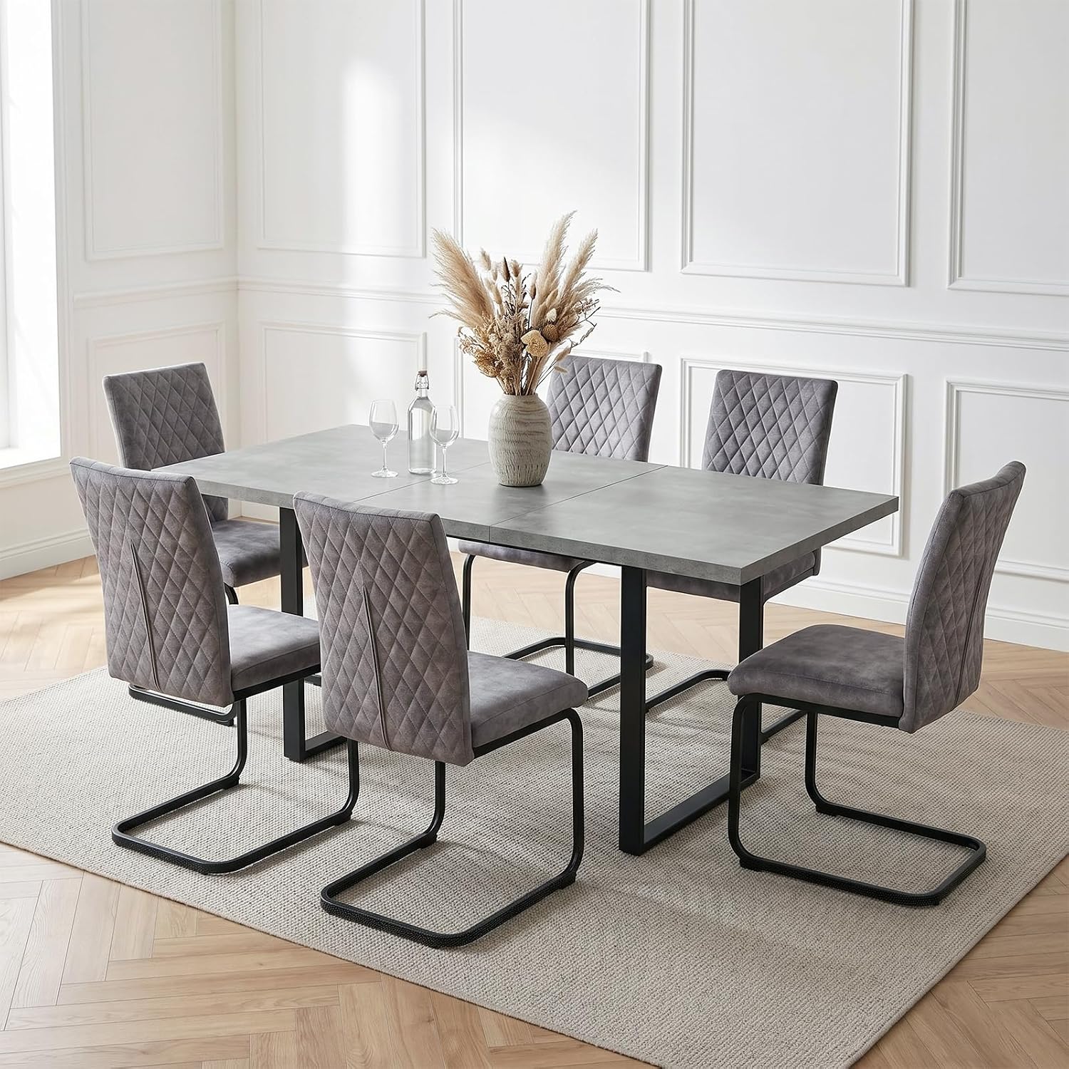 Detalle de JIEXI set van 6 eetkamerstoelen in grijze stof met hoge rugleuning en dik kussen