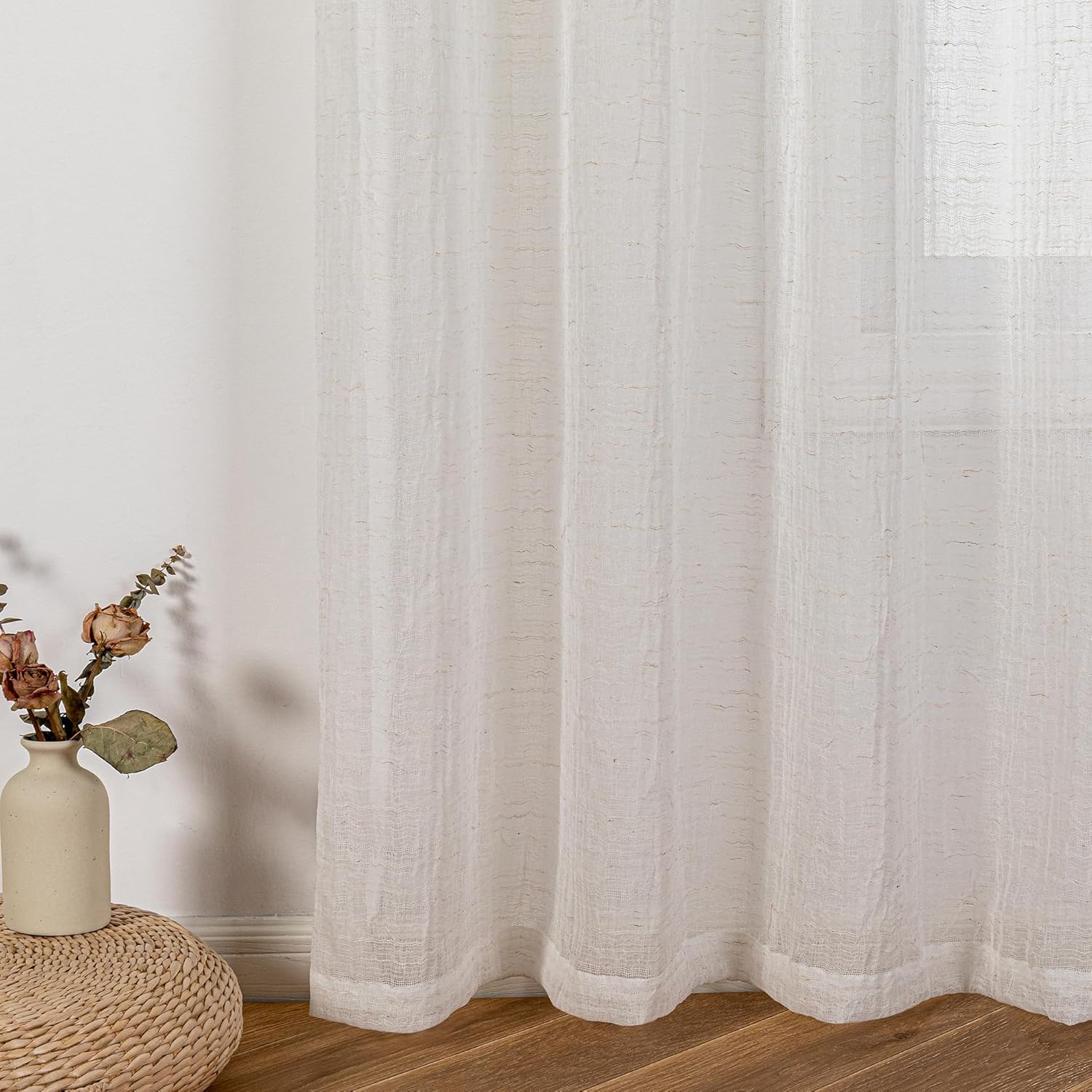 Thumbnail 4 de MYSKY HOME Kurz-Gardinen Set (2er) Boho-Leinenoptik halbtransparent, Beige – H 160 x B 140 cm