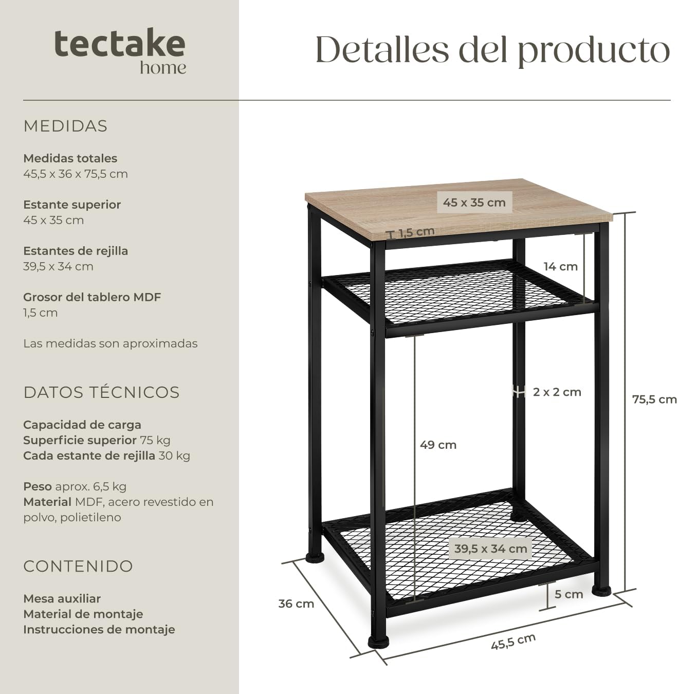 Detalle 2 de TecTake Mesa auxiliar industrial 45,5x36x75,5 cm