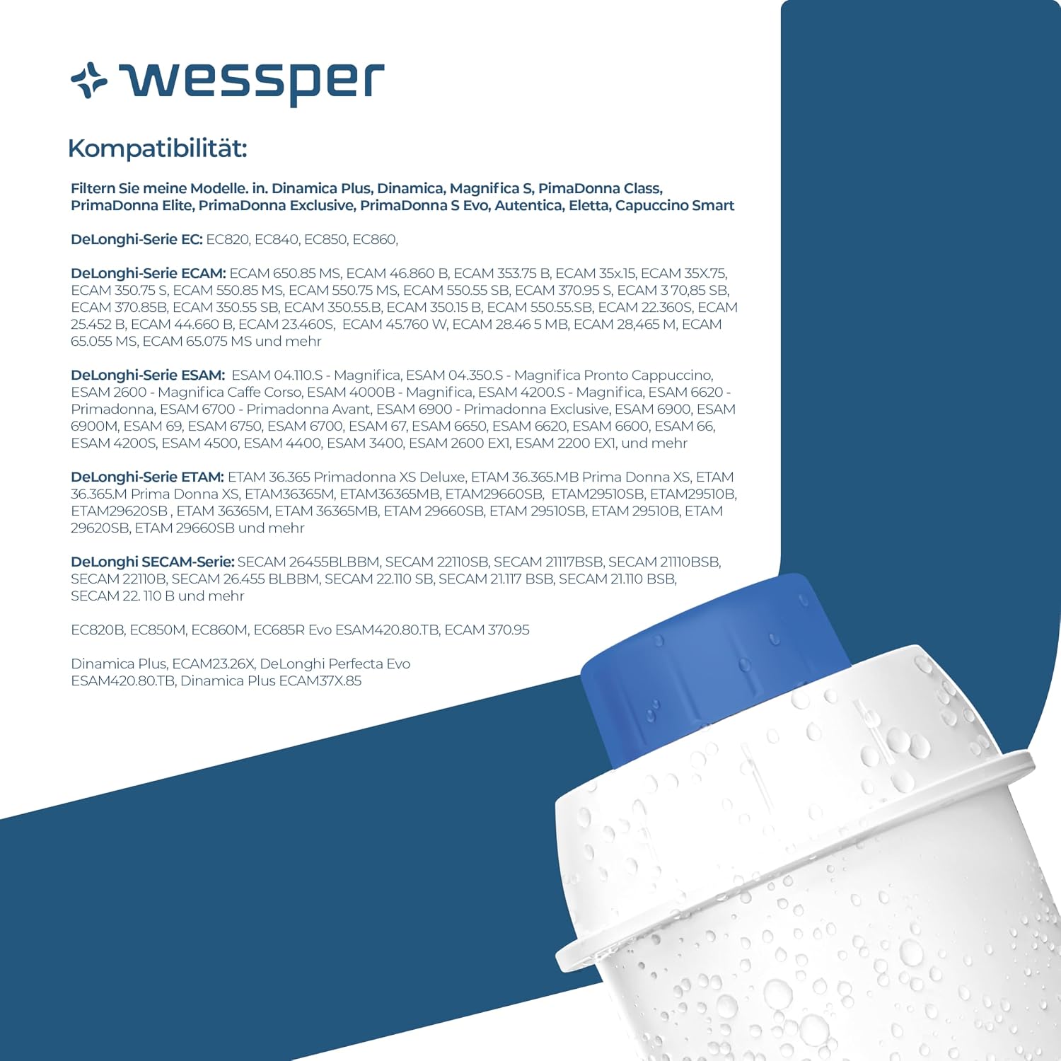 Detalle 2 de Wessper Wasserfilter-Kartuschen für Kaffeevollautomaten (6er Pack) – Ersatzfilter für DeLonghi DLSC002, SER3017 & ECAM/ESAM/ETAM/SECAM