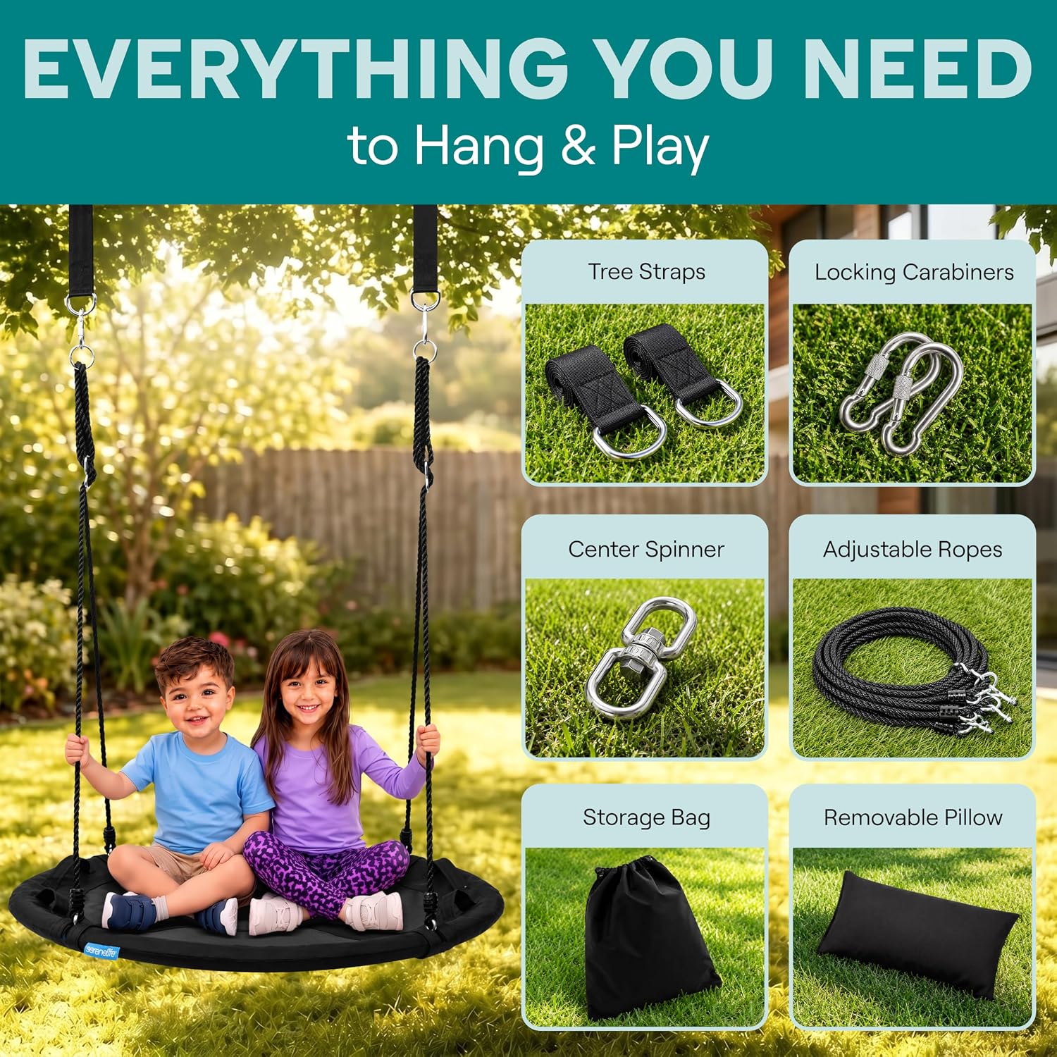 Detalle 2 de SereneLife Saucer Swing: 40-Inch Tree Swing with 700 lb Capacity, 600D Waterproof Seat and Center Spinner