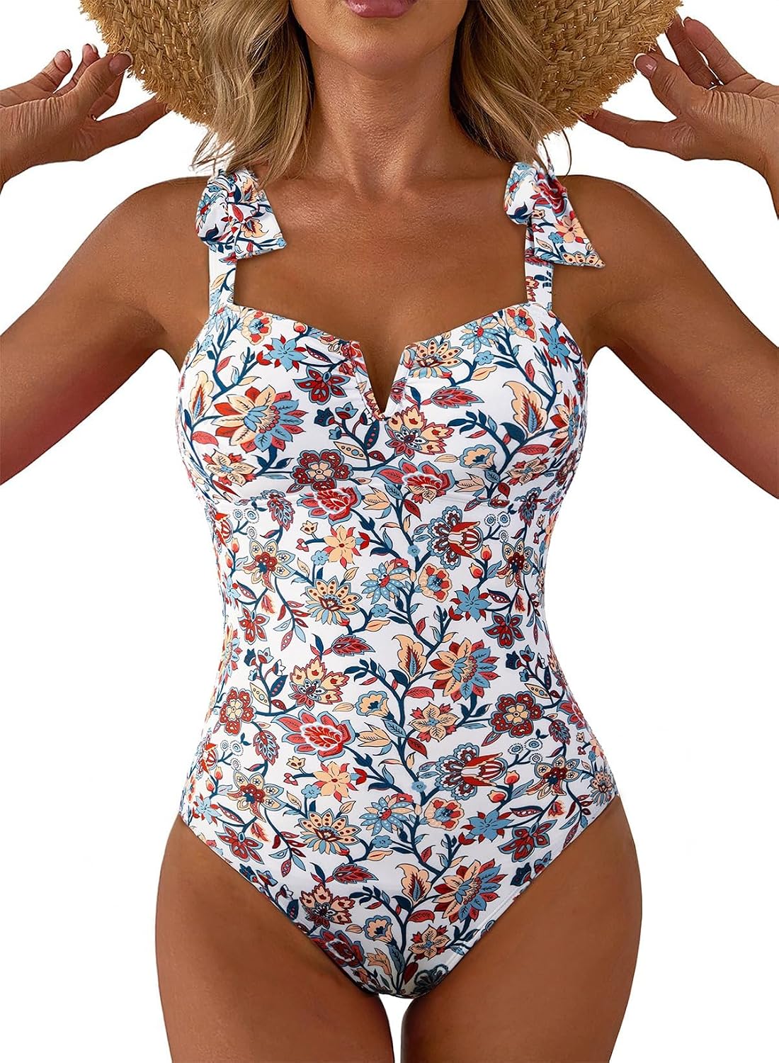 Detalle de Aleumdr Women’s One-Piece Swimsuit with Tummy Control, V-Neck & Boho Tie Straps