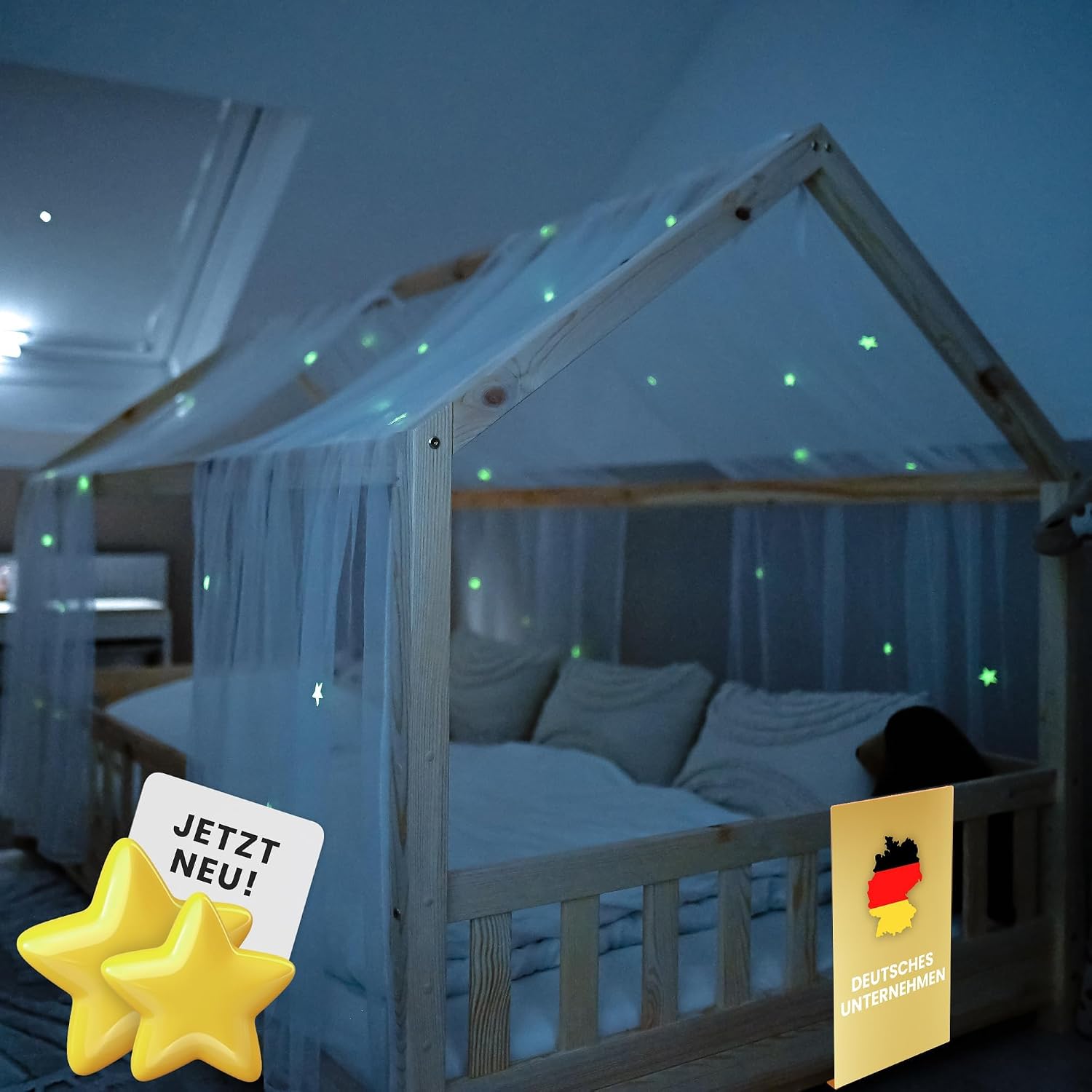 Detalle de lilimaus BH-HB-67x320-GS-WEISS bedhemel met lichtgevende sterren, 2 stofbanen
