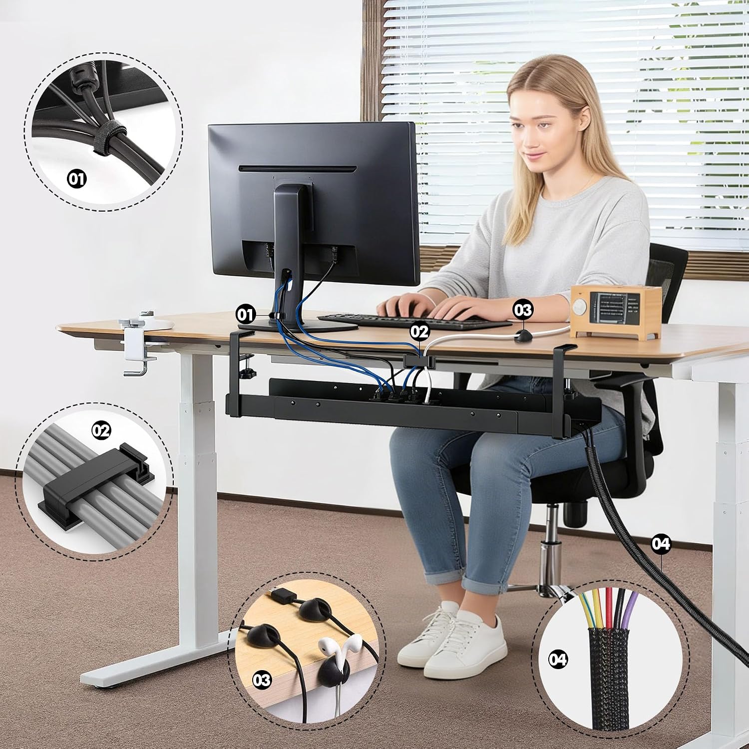 Detalle de Mimoke goulotte de câbles de bureau extensible 800 à 1200 mm (noir) – montage par serrage