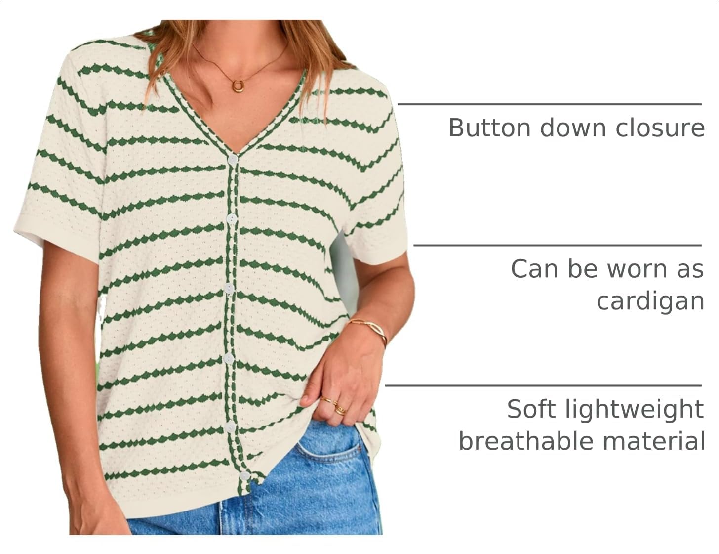 Thumbnail 3 de NALANISA Women’s Short Sleeve Crochet Knit Sweater Top (V-Neck, Striped, Button-Down)