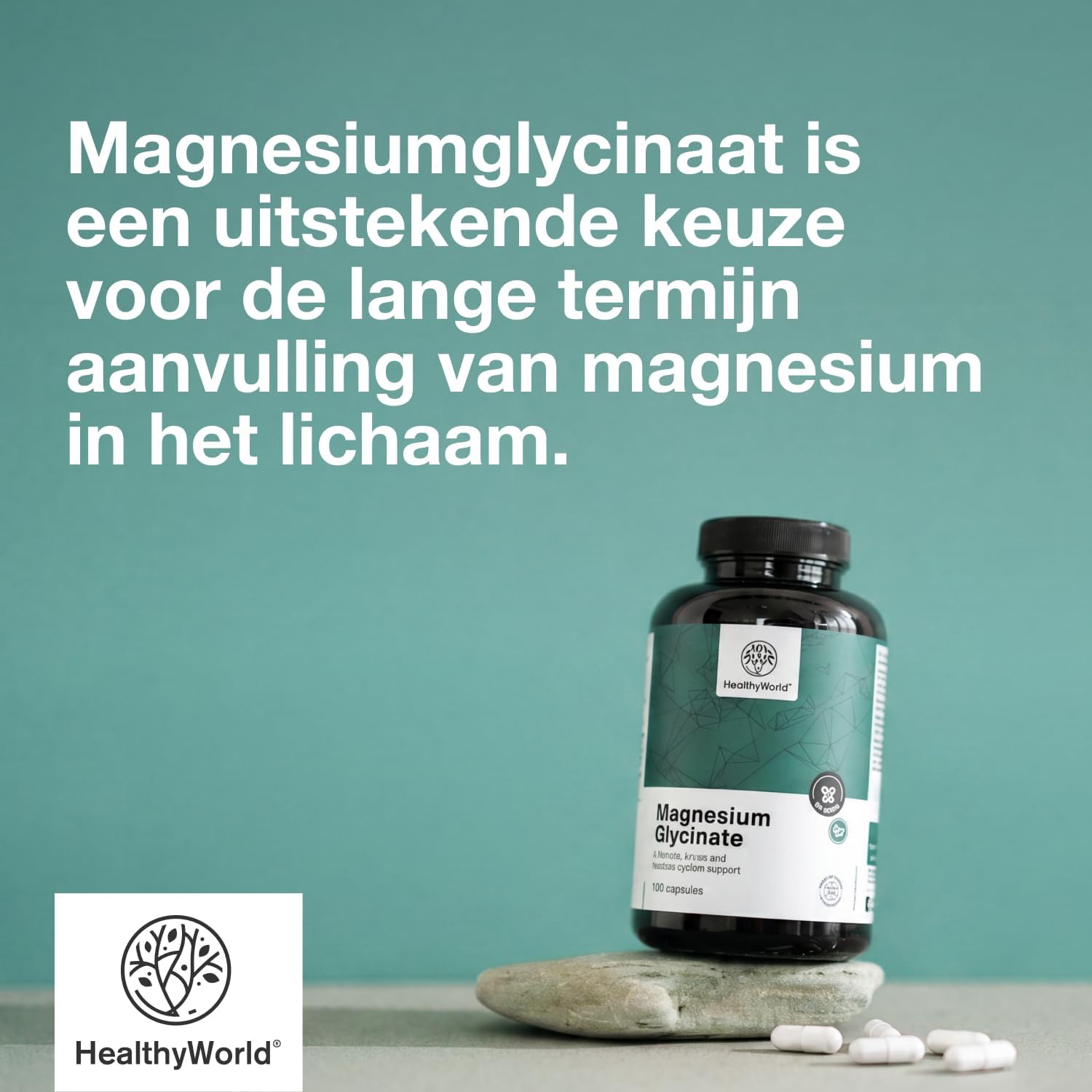 Detalle 1 de HealthyWorld Magnesiumglycinaat, 180 plantaardige capsules met 125 mg magnesium