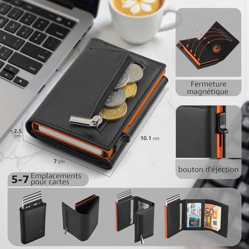 Thumbnail 1 de Portefeuille Homme TE EHON en Cuir – Pop Up RFID, 10,1 x 7 x 2,5 cm, Noir/Orange