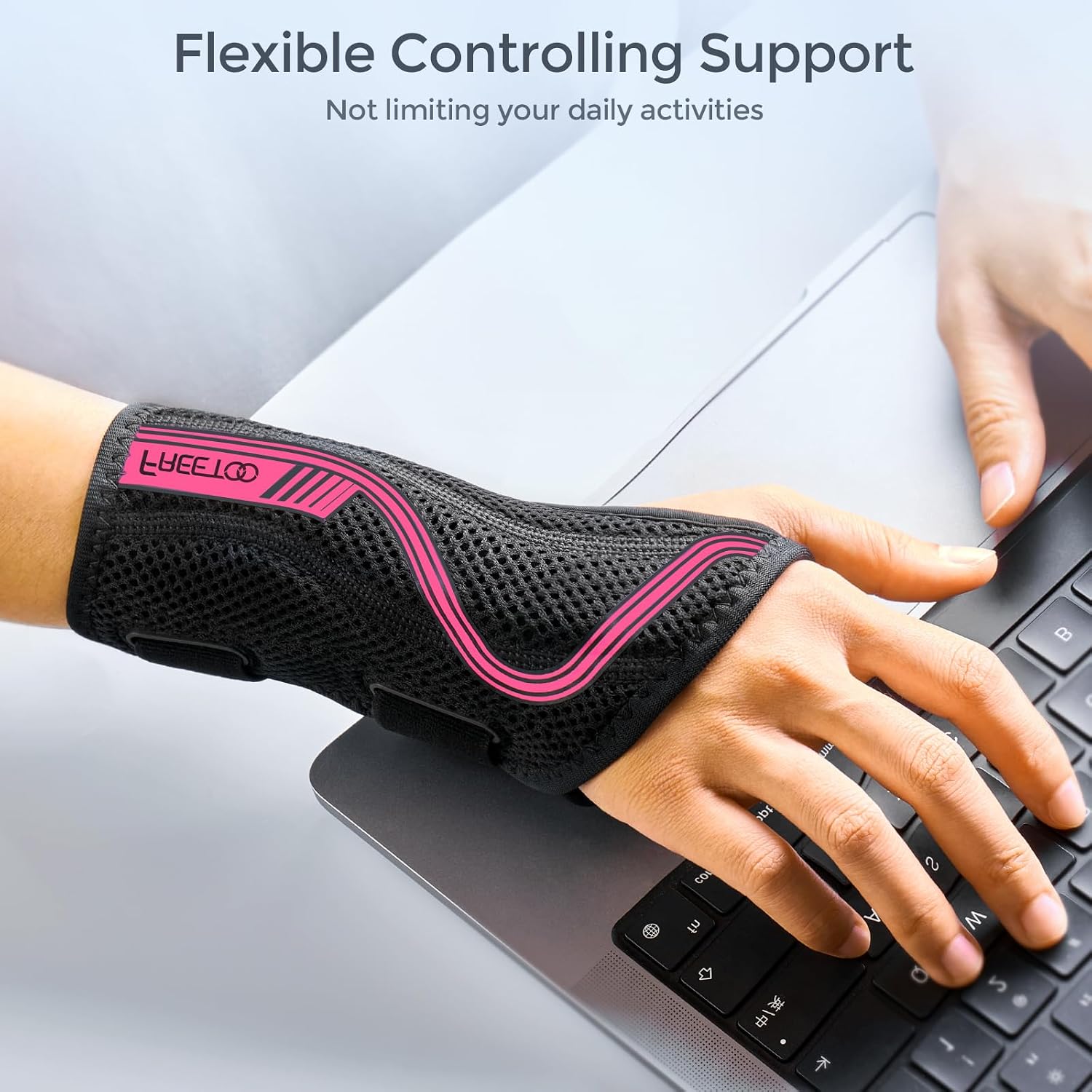 Detalle de FREETOO Wrist Brace for Carpal Tunnel – Medium, Left Hand, Anatomical S‑Shape Support