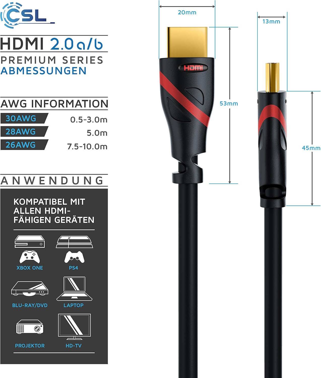 Thumbnail 3 de CSL 4k HDMI Kabel 7,5 m– HDMI 2.0b, 18 Gbit/s, HDR, ARC, 4k@60Hz, Full HD, 3D kompatibel