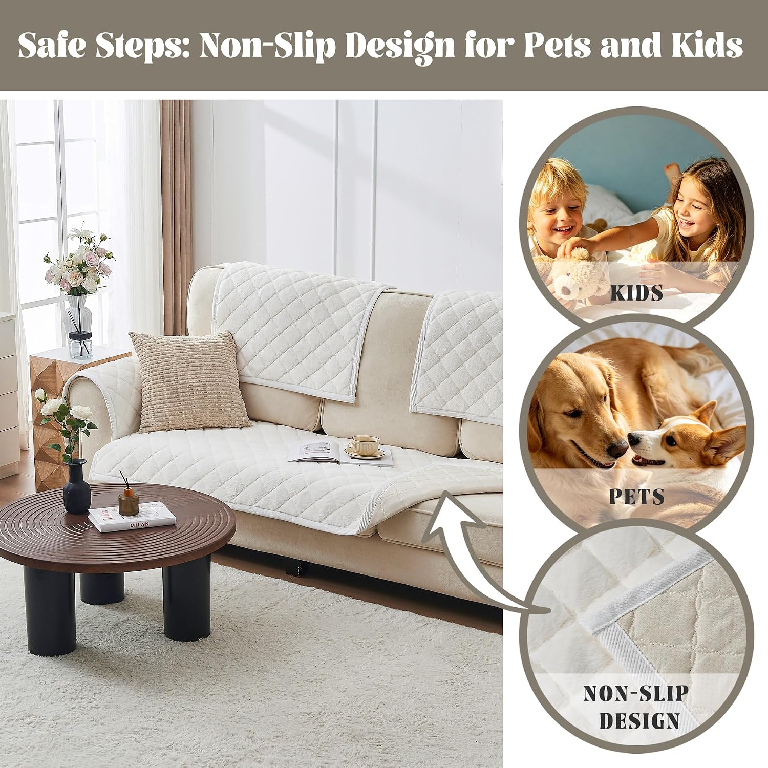 Detalle de beeweed Sofa Cushion Covers Sofa Cover, Beige Faux Mink Velvet, Washable