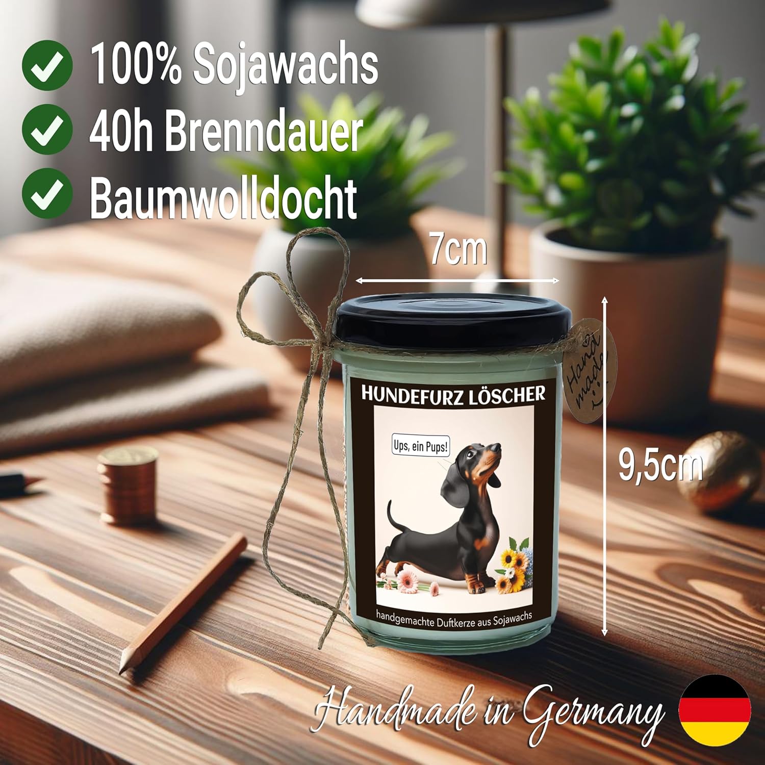 Thumbnail 1 de Duftkerze mit Dackel-Motiv „Ups, noch ein Pups“ – handgemacht aus Sojawachs (Apfel-Zimt, 160 g)