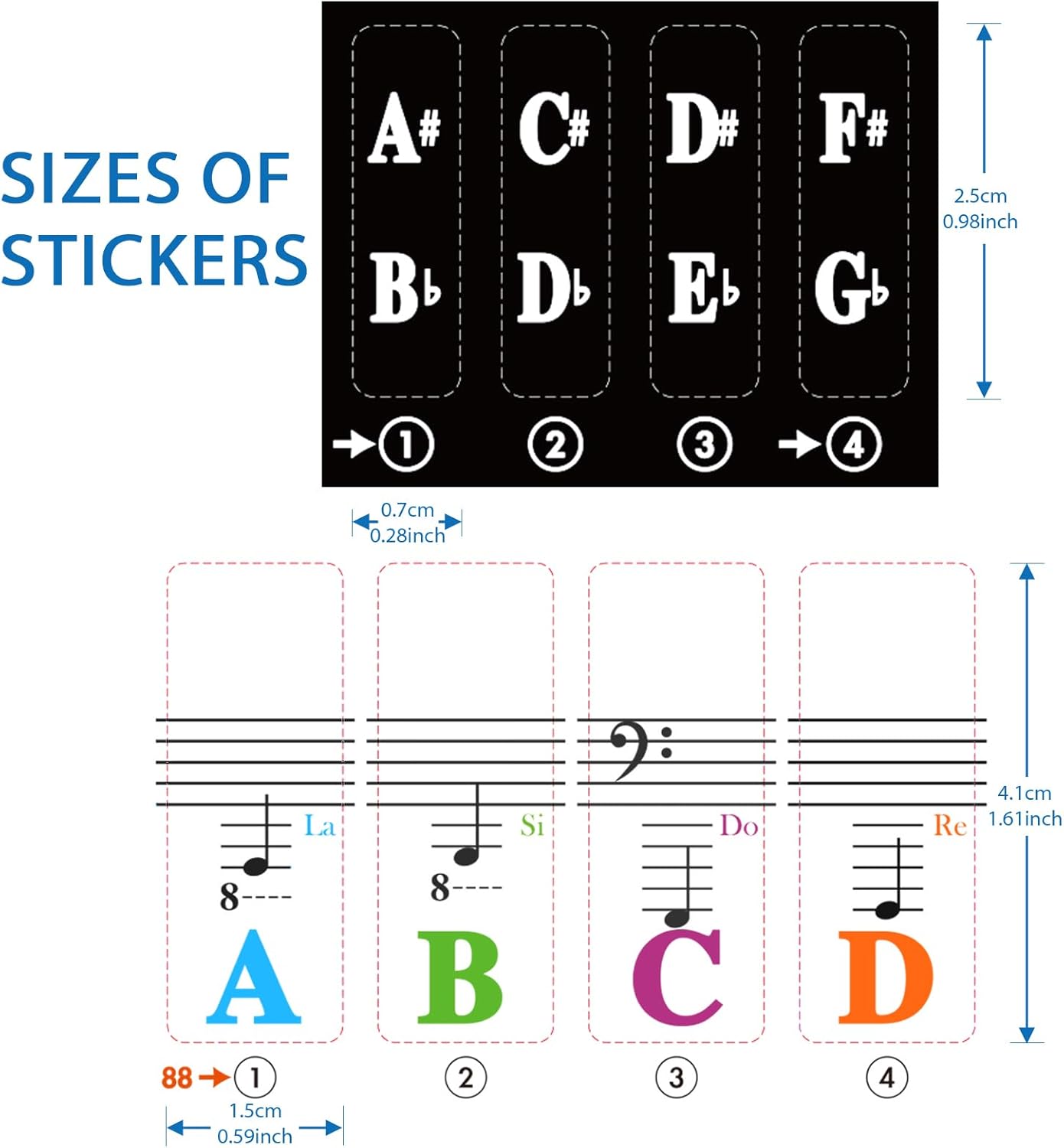 Thumbnail 2 de Azymi Piano Stickers full set for 88/76/61/54/49/37 keys (white & black key notes) – removable transparent film