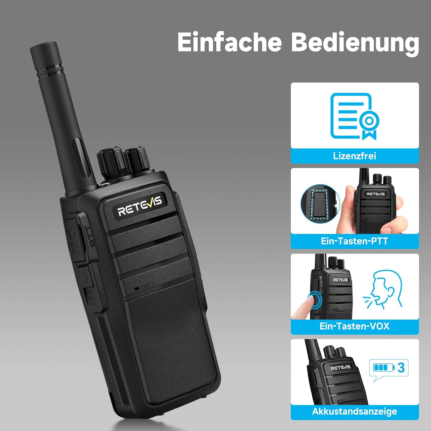 Detalle de Retevis RT21 Handheld Walkie-Talkies (16C/16CH) mit CTCSS/DCS, VOX und Notfallfunktionen – 4er-Set Schwarz